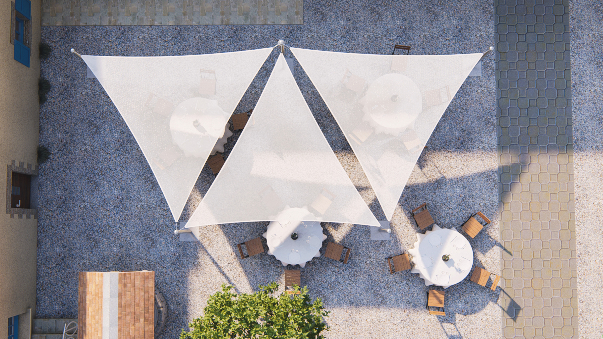 aménagement de 3 voiles d'ombrage sur une terrasse vue de dessus
